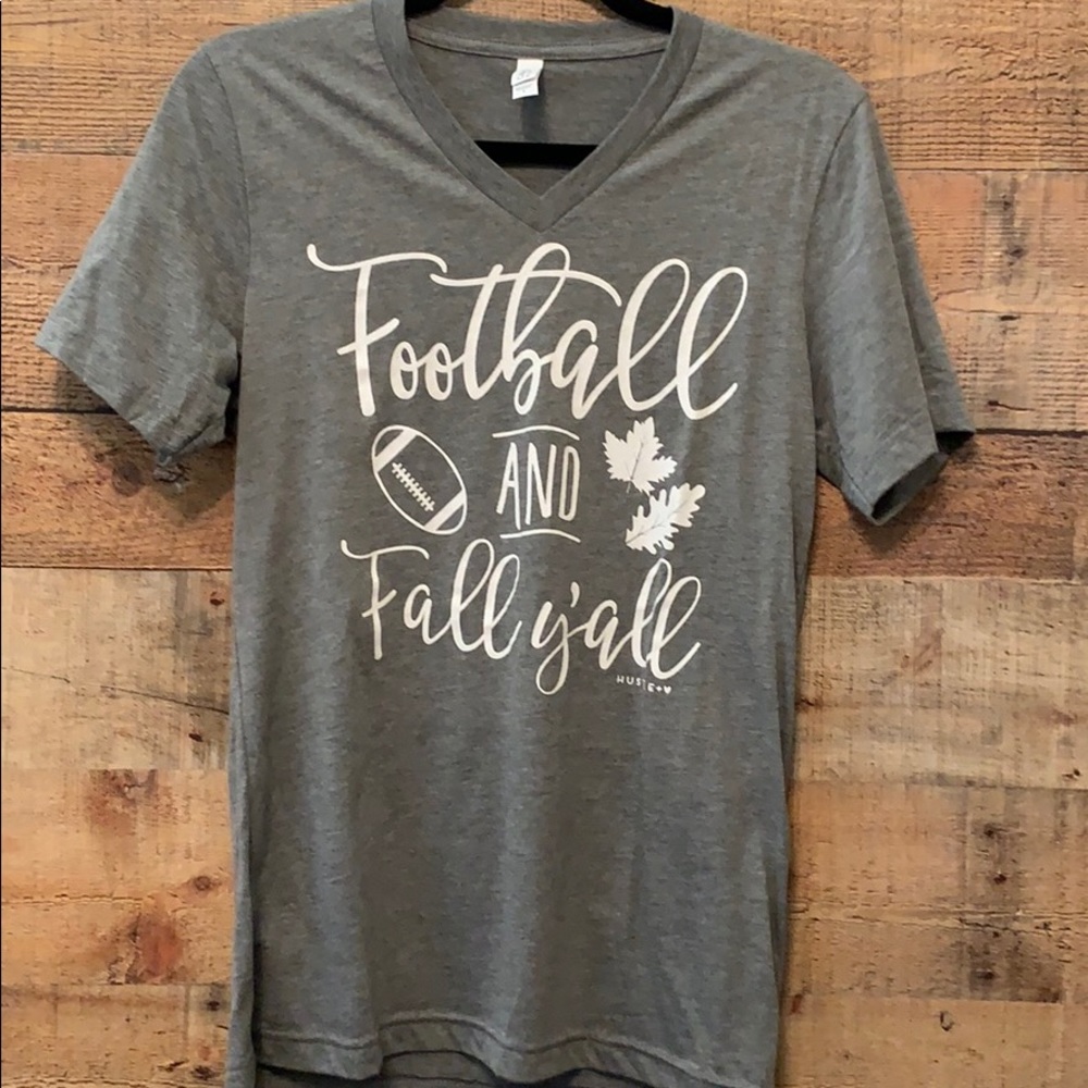 New v-neck soft grey tee “Football and Fall y’all”